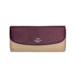 Coach Slim Envelope Long Wallet Burgundy Purple Beige Colorblock Pebble Leather